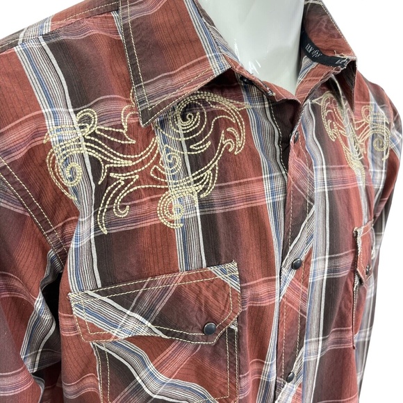 Ely Cattleman 1878 Snap Western Rockabilly Embroidered Shirt Rust Plaid Mens XL - Picture 4 of 11